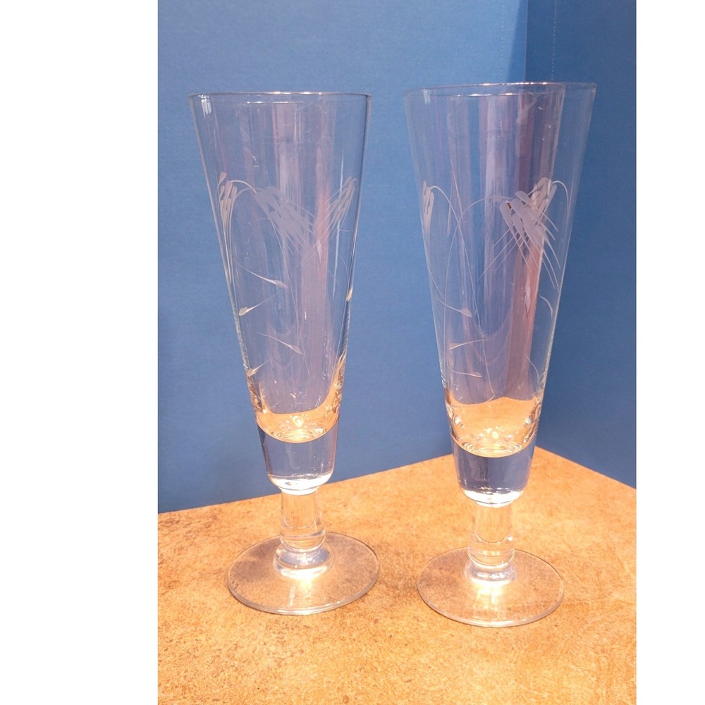 Vintage Etched Wheat Glass Beer Glasses Set of 2 Clear Tapered Toasting Glass